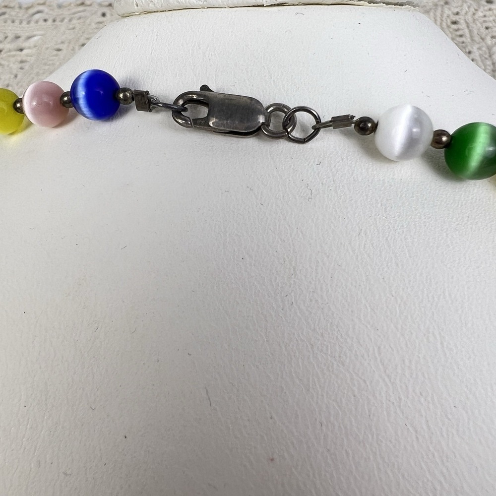 Vtg 90's Rainbow Moon Glow Cats Eye Beaded Choker Necklace .925 Sterling Silver - Picture 4 of 5